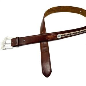 Tony Lama Western Cowboy Belt 36 Brown Leather Silver Buckle Conchos FLAWED